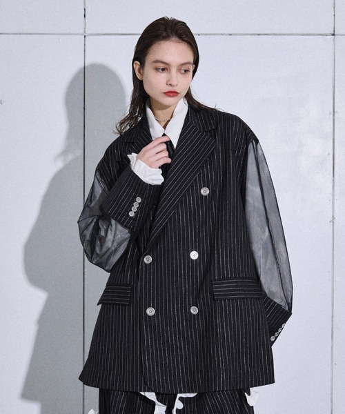 コート ジャケット Lame stripe tulle layered tailored jacket