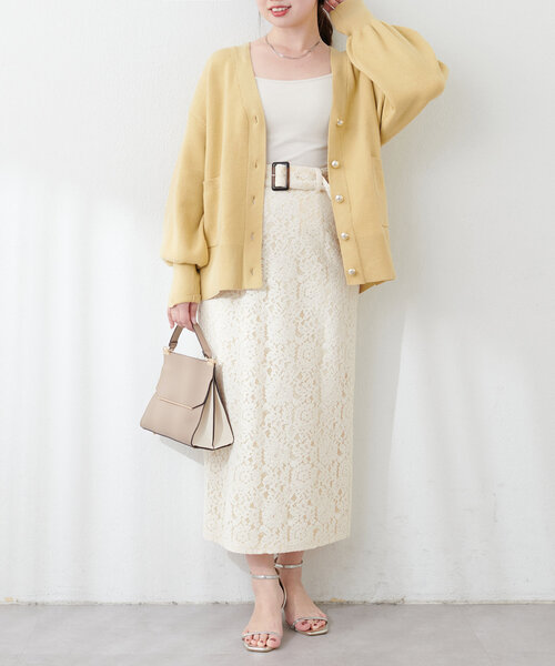 natural couture canamiベルト付きラメレースナロースカート canami】ベルト付きラメレースナロースカート | natural couture