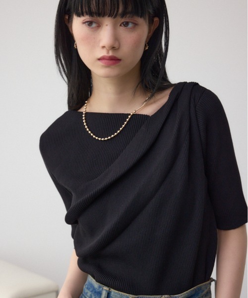 ニット セーター リボンタイ5分袖リブニット レディース Lace Ladies ニット セーター 5分袖サマーリブニット レディース