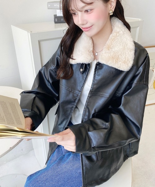 レザージャケット ライダース ファーティペット付きフェイクレザーブルゾン レディース | moment+ | 12