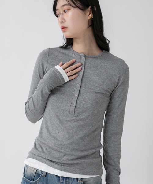 贅沢品 HEILIS tシャツ ヘンリーネック長袖レイヤードカットソー/韓国 トップス