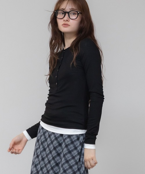 HEILIS（ヘイリス） tシャツ ヘンリーネック長袖レイヤードカットソー