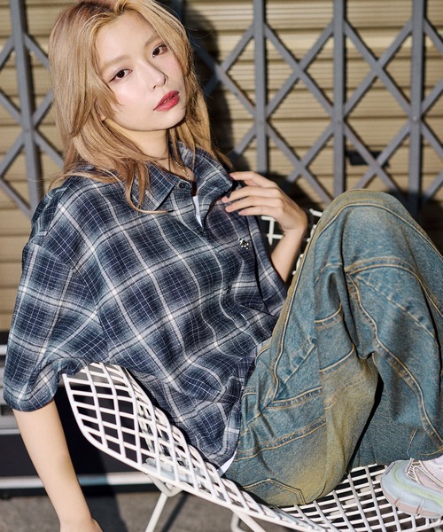 シャツ オンブレチェックビッグシルエット半袖シャツ「UNISEX