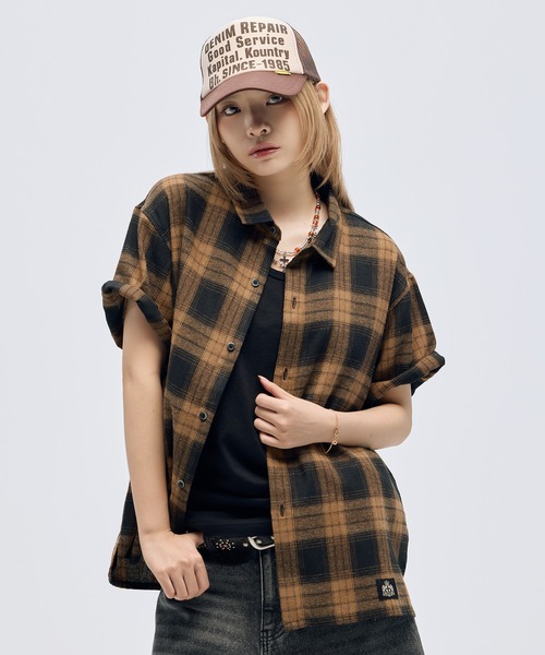 シャツ 半袖 オンブレチェックコンパクトハーフスリーブシャツ 半袖