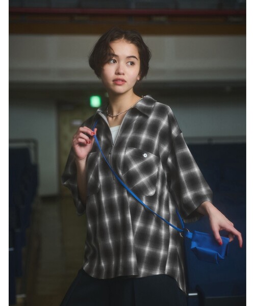 メンズ 重ね着風半袖シャツ ハーフジップ チェック柄シャツa1174 green label relaxing シャツ 「WEB限定」「GLR or」オンブレ