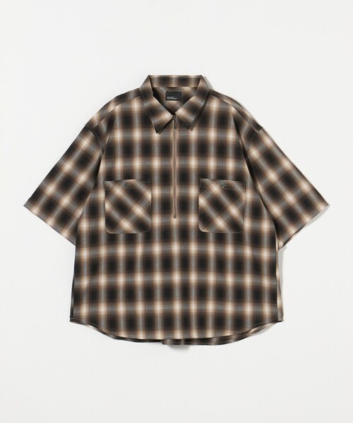 メンズ 重ね着風半袖シャツ ハーフジップ チェック柄シャツa1174 green label relaxing シャツ 「WEB限定」「GLR or」オンブレ