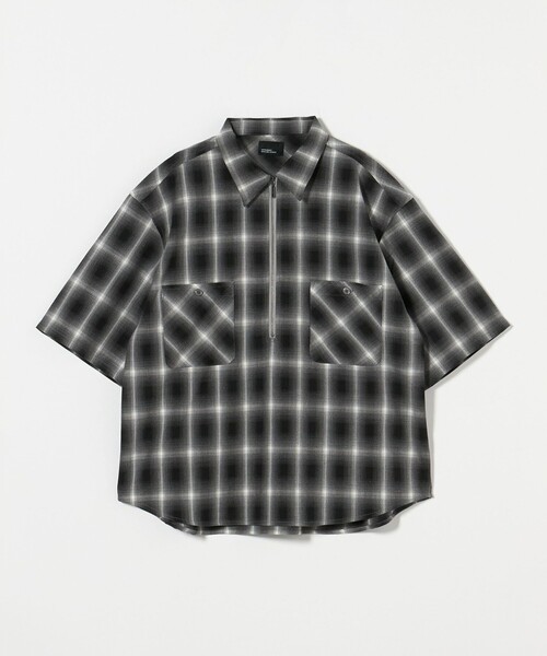 メンズ 重ね着風半袖シャツ ハーフジップ チェック柄シャツa1174 green label relaxing シャツ 「WEB限定」「GLR or」オンブレ