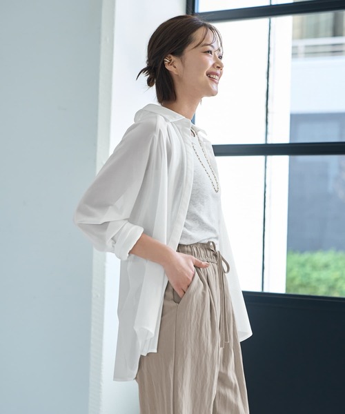 ブラウス シャツ 微シアーストレッチメッシュシャツ レディース