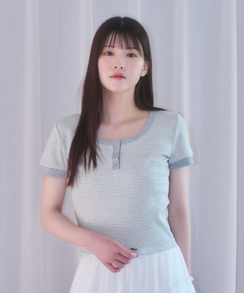 tシャツ CaRouseLamBRa（ケラウズランブラ）ボーダーヘンリーネックTee レディース mellowneon tシャツ ヘンリーネックボーダークロップドTシャツ