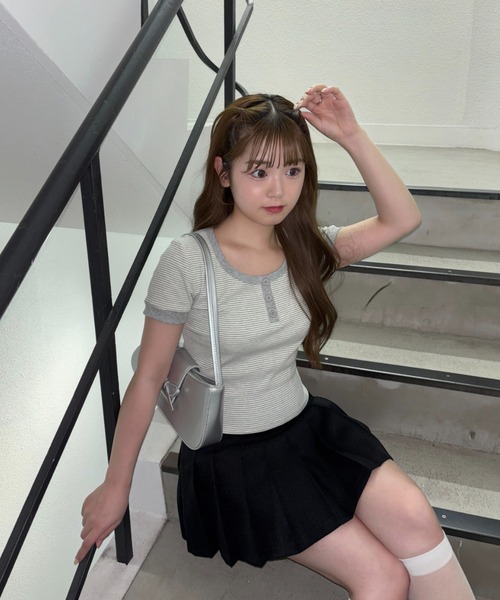 tシャツ ヘンリーネックハニカムボーダー レディース MONO-MART LADY'S（モノマートレディース）の「ヘンリーネック