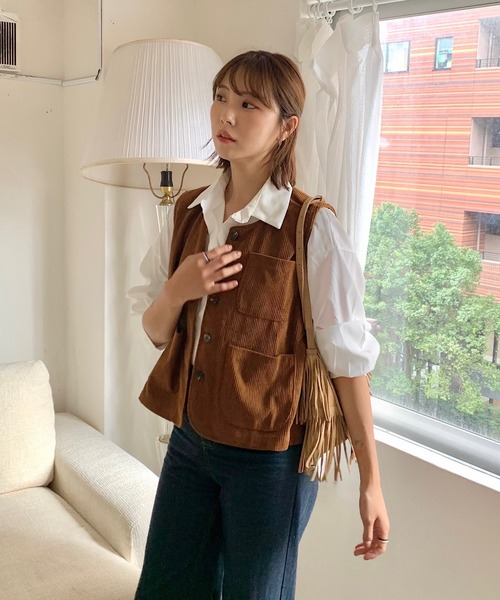 ベスト ジレ ポケット付きコーデュロイベスト レディース : ZOZOTOWN