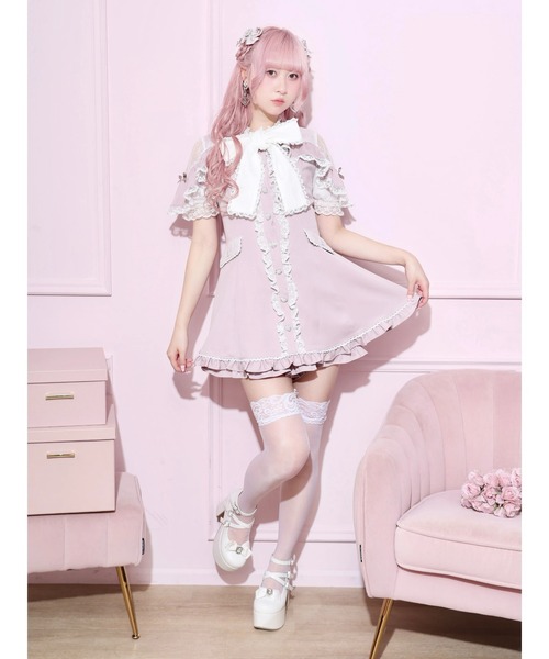 ホワイト レース 長袖 ミニワンピース ブリエ Sピンクも在庫あります NOEMIE（ノエミー） ワンピース 半袖 レースボウタイケープフリル