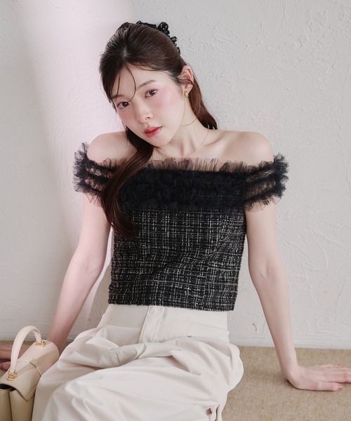 fupel ブラウス シャツ 夏 tulle tweed tops / チュールツイード 