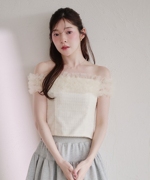 fupel ブラウス シャツ 夏 tulle tweed tops / チュールツイード 