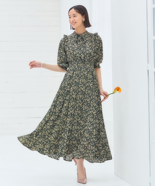 DRESS+ ドレス ワンピース 花柄 レトロ柄 半袖 プリーツ ミモレ