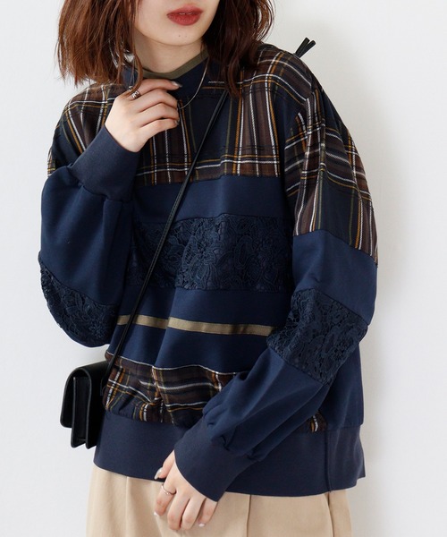 tシャツ EGLANTINE チェック切替プルオーバー レディース EGLANTINE tシャツ チェック切替プルオーバー レディース
