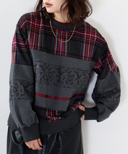 tシャツ EGLANTINE チェック切替プルオーバー レディース