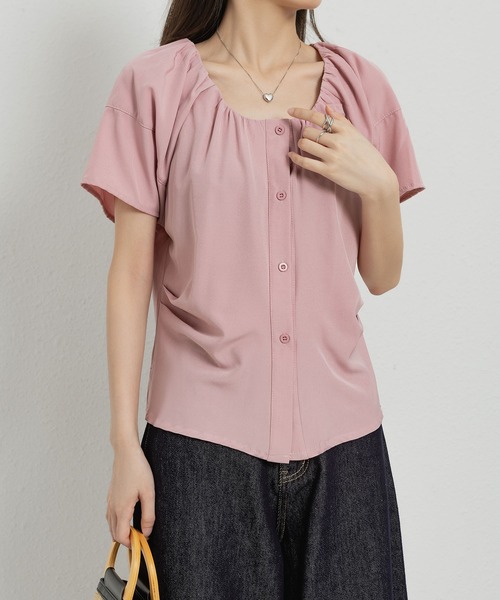 MAISON DE THERESE ブラウス シャツ ノーカラー半袖パフスリーブ