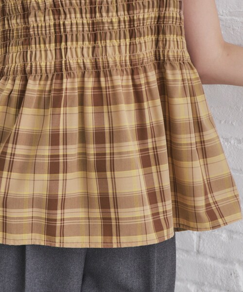 index ブラウス シャツ チェック柄シャーリングペプラムブラウス
