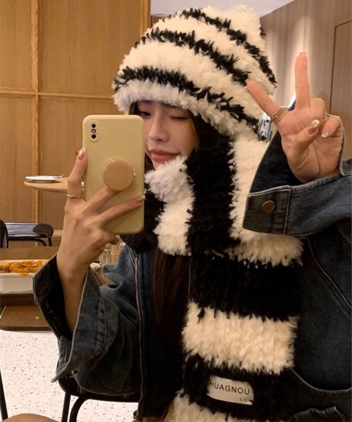 CANVAS+ ニット帽 ニットキャップ 「CANVAS+」ボーダーフェイクファー