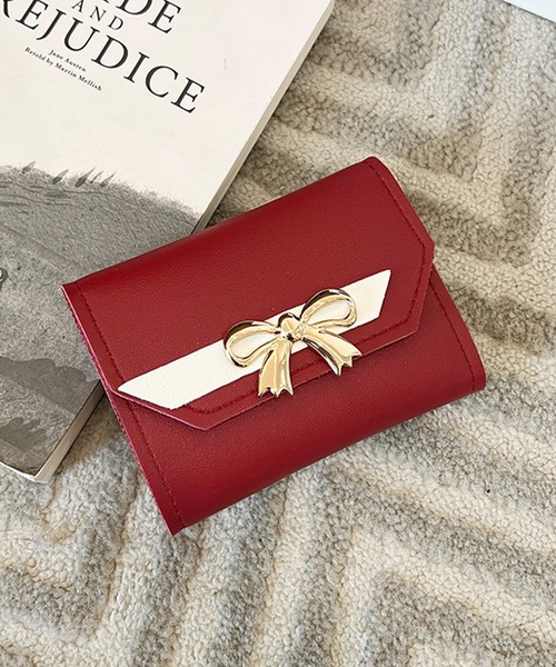 Lace Ladies 財布 メタリック リボン付き レザー調 二つ折り