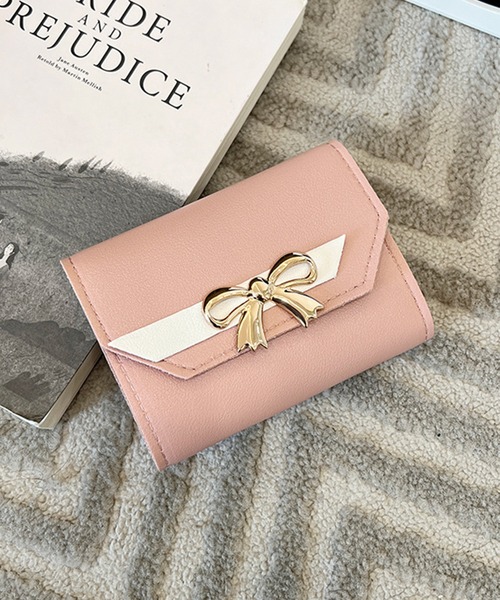 リボン付きピンク二つ折り財布 Lace Ladies 財布 メタリック リボン付き レザー調 二つ折り