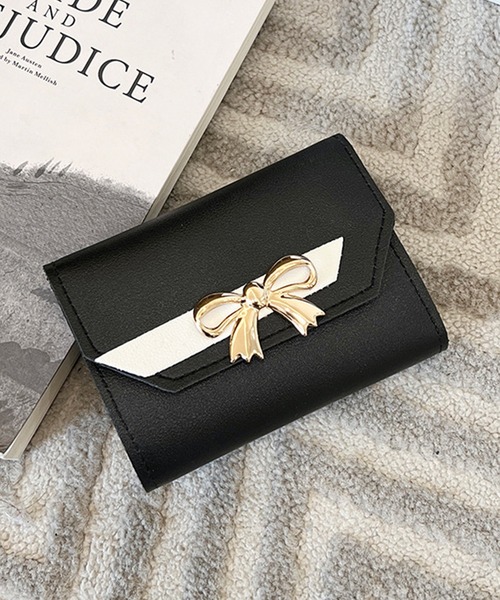 Lace Ladies 財布 メタリック リボン付き レザー調 二つ折り