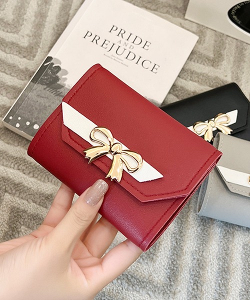 Lace Ladies 財布 メタリック リボン付き レザー調 二つ折り
