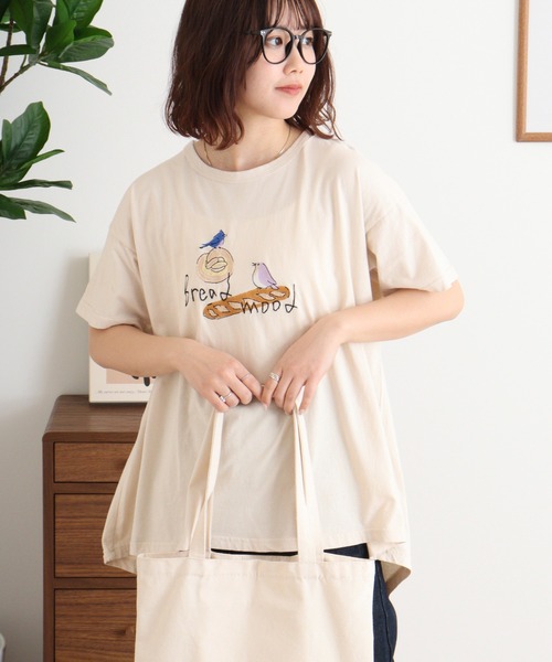 tシャツ EMAGO パンと小鳥刺繍フレアＴ レディース