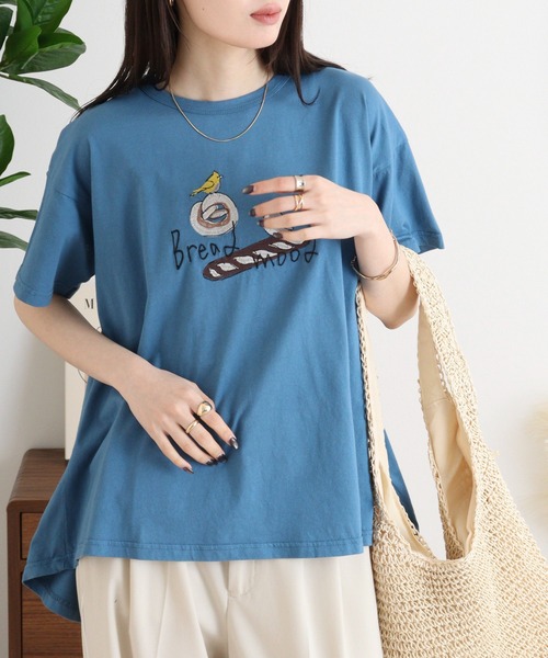 tシャツ EMAGO パンと小鳥刺繍フレアＴ レディース Emago tシャツ EMAGO パンと小鳥刺繍フレアT レディース