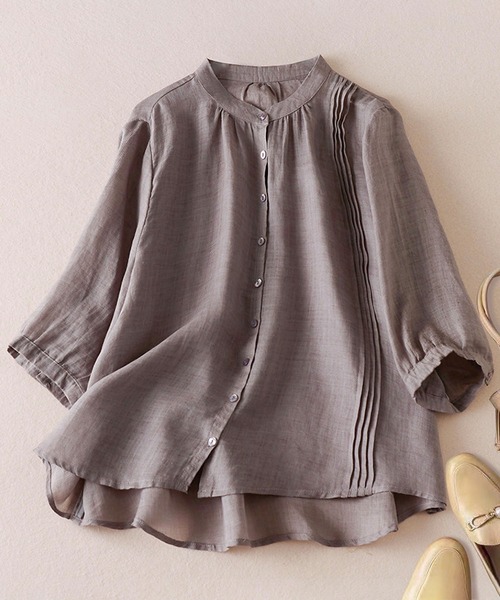 BLANC FICELLE ブラウス シャツ 5分袖 スタンドカラー シャツ