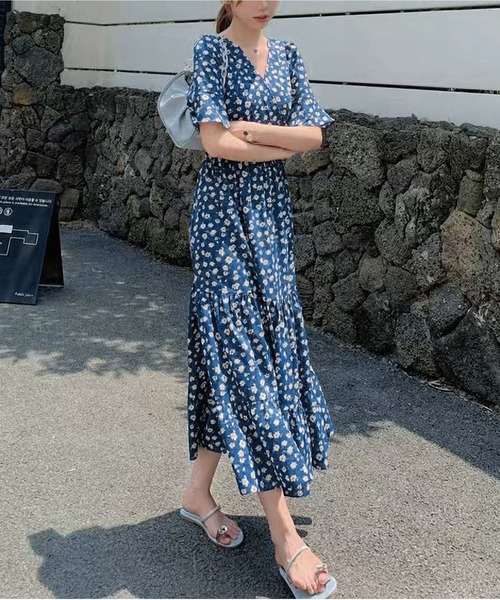 DVF シルクシフォン プリント ワンピース グラフィック Vネック Vネックフローラルシフォンワンピース・全2色 | レディース