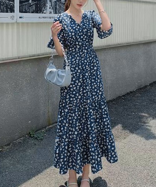   シフォン V ネック ハイロー 花柄プリント ドレス ワンピース シフォン Vネック 半袖 レディース 花柄ワンピース