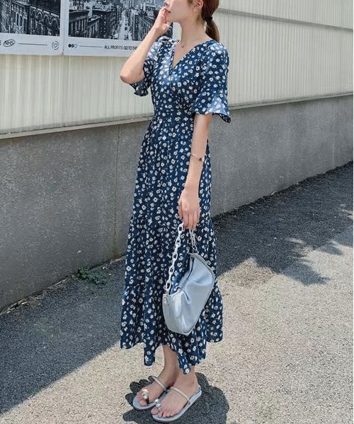BLANC FICELLE ワンピース シフォン Vネック ワンピース