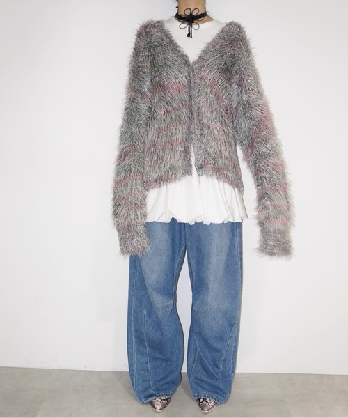 「musubore」 ニットカーディガン FREE シルバー レディース_画像6