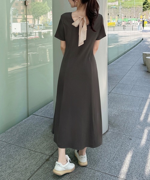 JUNOAH（ジュノア） ワンピース オーガンジーバックリボンリブカット