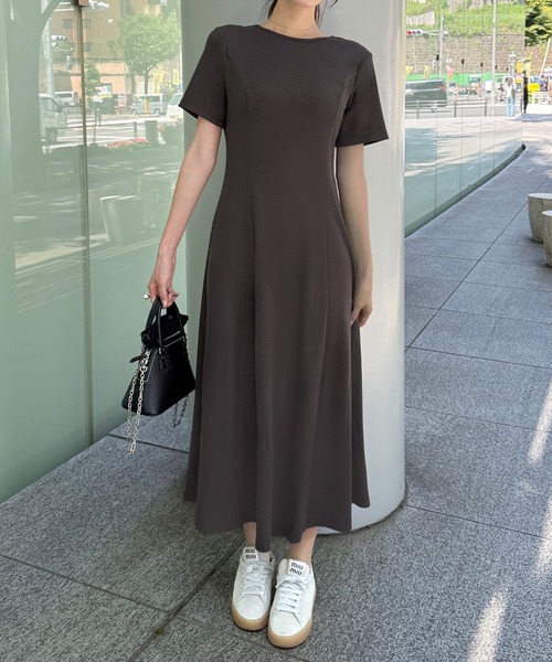 JUNOAH（ジュノア） ワンピース 半袖 オーガンジーバックリボンリブ
