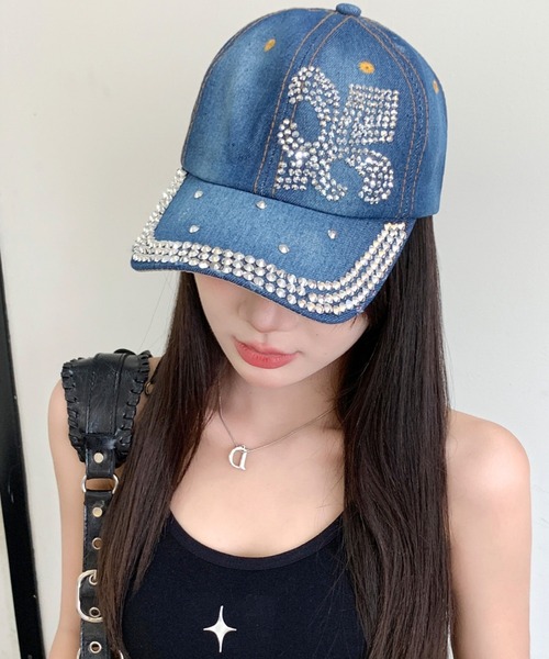 SHEENA キャップ 帽子 キラキラストーンデニムキャップ