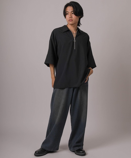 シャツ 「93-1」無地＆総柄 オーバーサイズ ハーフジップ ドレープ