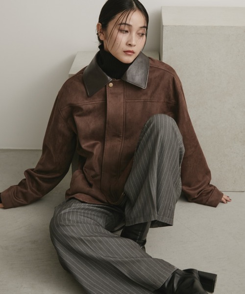 ブラウン オーバーサイズジャケット　フェイクスエードカーコート Aunt Marie's（アントマリーズ） ステンカラーコート コート レザー