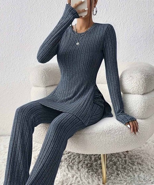 セットアップ 「セットアップ」上品なリブニットフレアパンツ＆ロング
