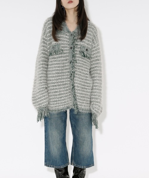Ezick カーディガン tweed knit fringe cardigan ツイードニット襟付き