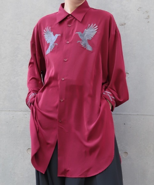 REZEN 暁 赤雲 長袖シャツ REZEN（リゼン） シャツ 鴉刺繍ロングシャツ メンズ : ZOZOTOWN Yahoo