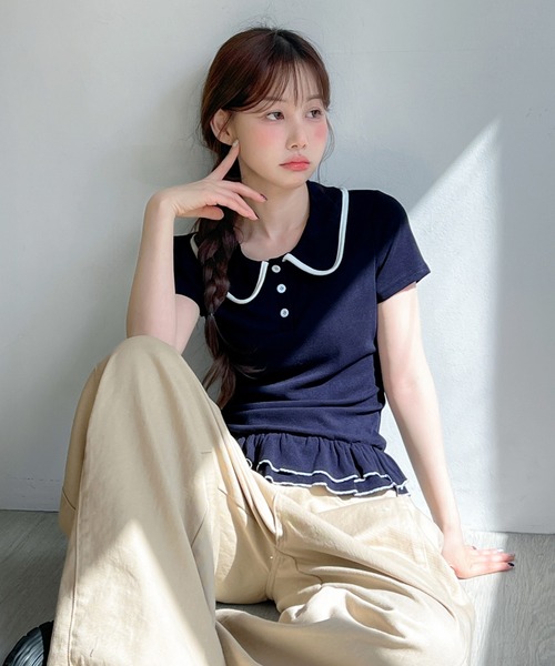 by muni:r tシャツ 半袖 ダブルフリルカラーポイント半袖Tシャツ