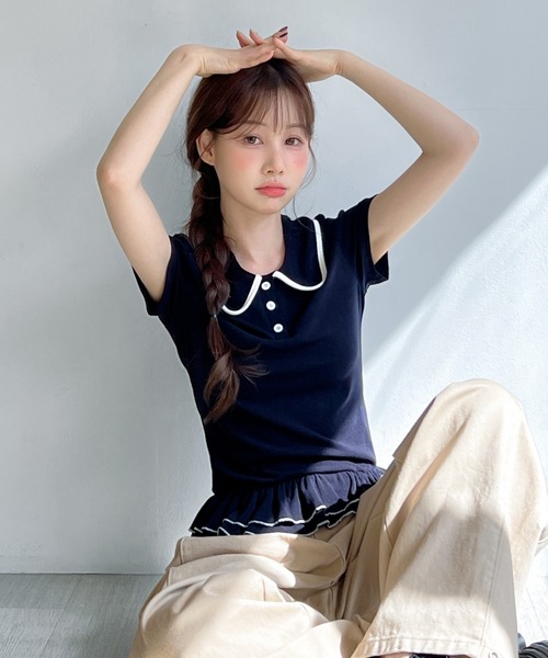 by muni:r tシャツ 半袖 ダブルフリルカラーポイント半袖Tシャツ