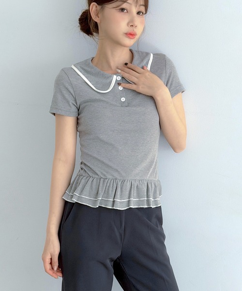 by muni:r tシャツ 半袖 ダブルフリルカラーポイント半袖Tシャツ