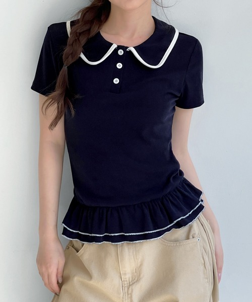 by muni:r tシャツ 半袖 ダブルフリルカラーポイント半袖Tシャツ
