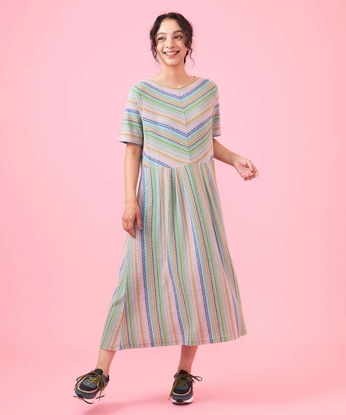 豪華 Jocomomola ワンピース ギザギザボーダー ウエスト切り替え ワンピース