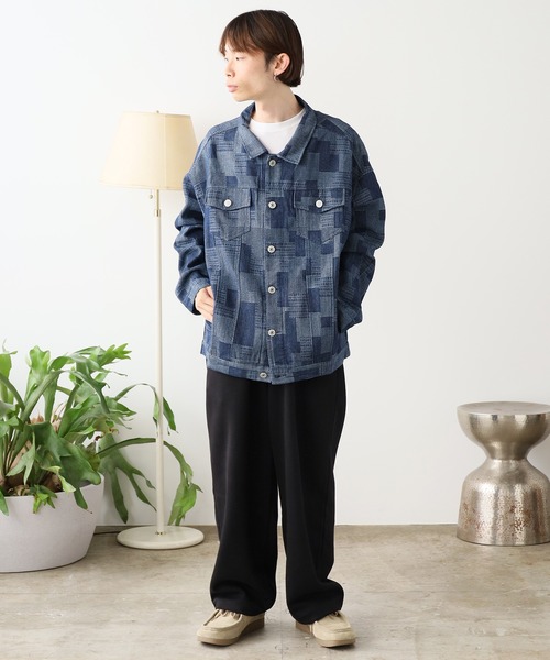 デニムジャケット Gジャン ブロックプリント リメイクジャケット パッチワーク ROOP TOKYO デニムジャケット gジャン パッチワーク風 ブロック