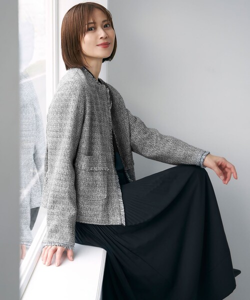 美品⭐︎自由区 ノーカラージャケット ツイード調 セットアップ対応】カラミツイードノーカラー ジャケット / 自由